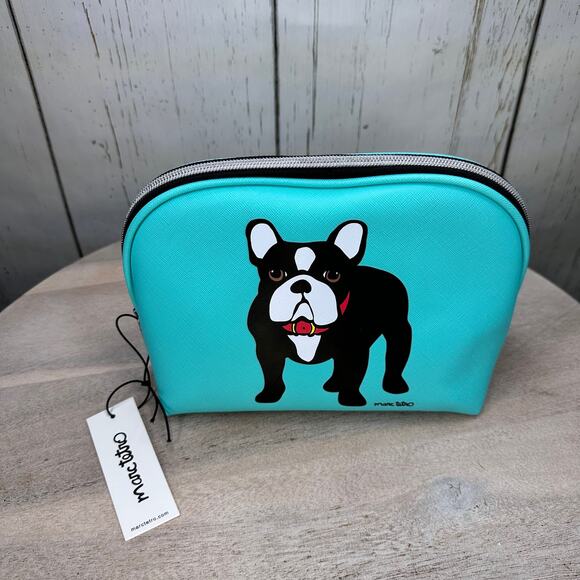 Marc Tetro Makeup Cosmetic Case Boston Terrier French Bulldog Teal Zipper Bag - Picture 9 of 15